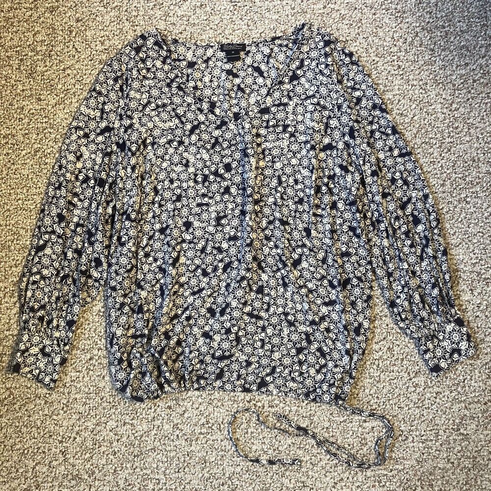 Lucky Brand Womens Long Sleeve Blouse Plus Size 1X Sheer Boho Blue Coastal Beach